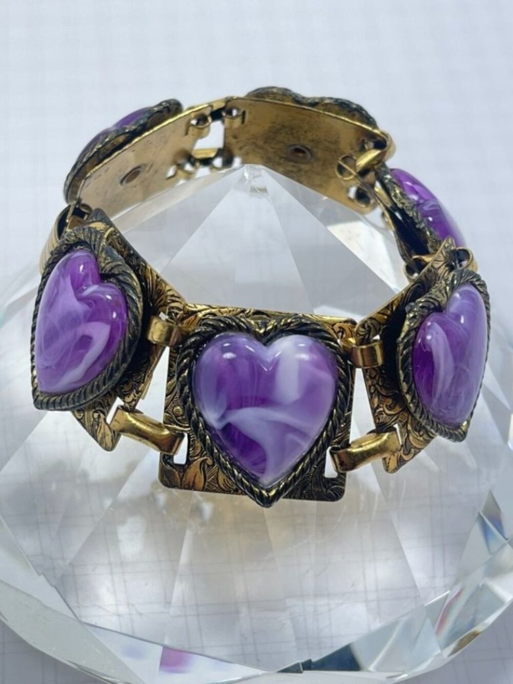 Vintage Purple Marbled Heart Panel Bracelet Gold Tone Selro Style